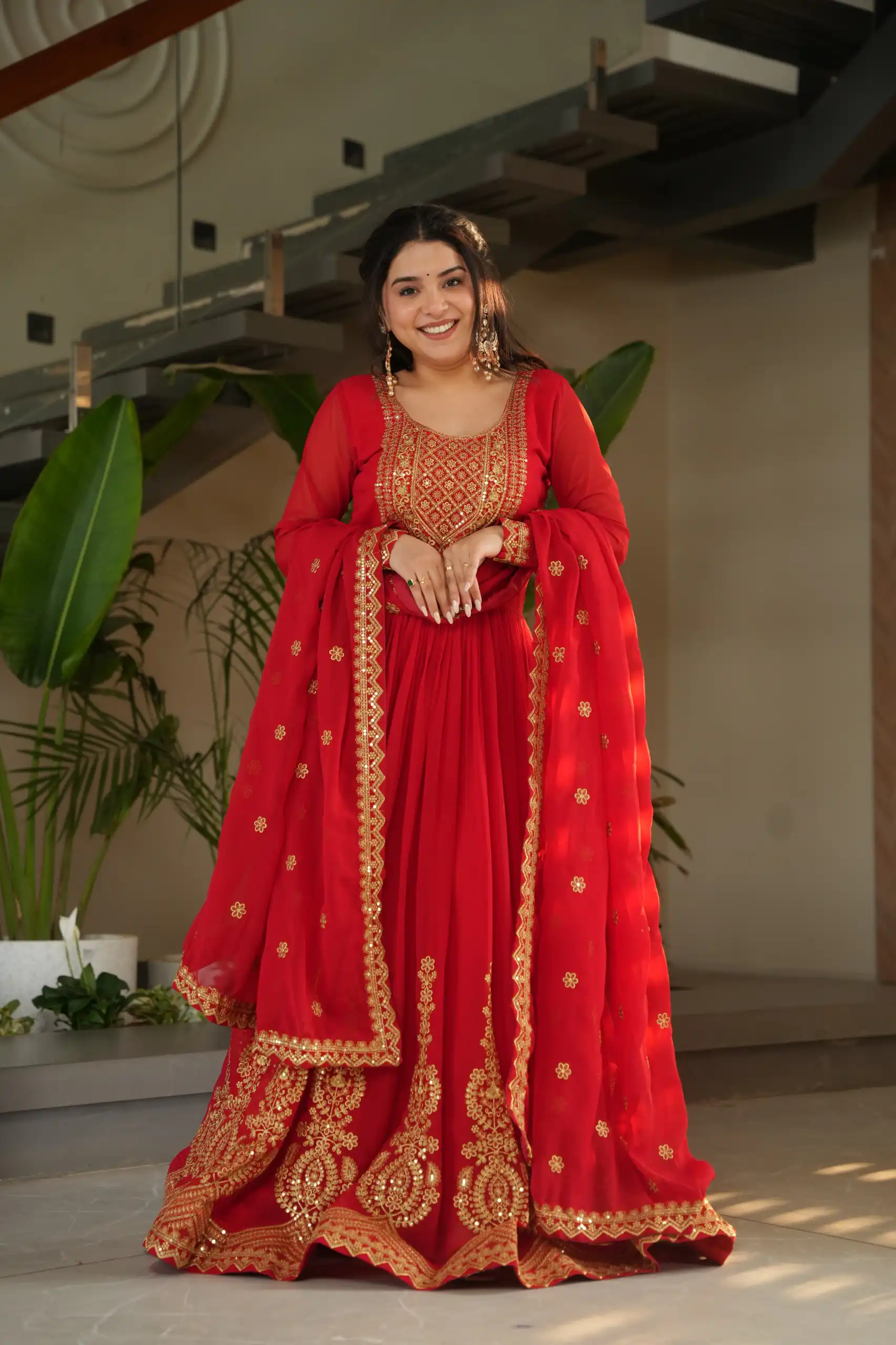 KA 1162 Red Faux Blooming Gown with Embroidery Work & Zari Work. Available at ₹2649 only. Delivery 4-6 Working Days. Shop now. | Gowns, Bollywood Gowns, Creative Gowns, Designer Gowns, Embroidered Gowns, Party Wear Gowns