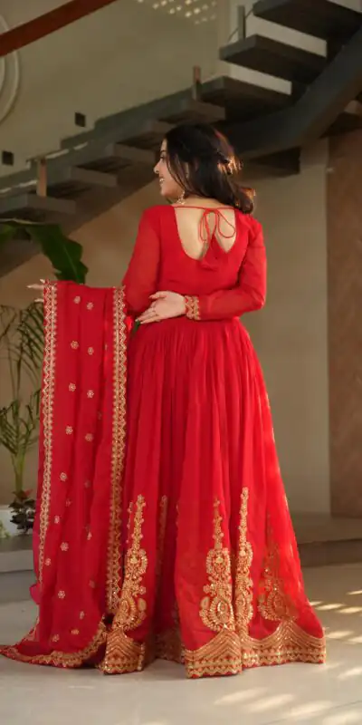 KA 1162 Red Faux Blooming Gown with Embroidery Work & Zari Work. Available at ₹2649 only. Delivery 4-6 Working Days. Shop now. | Gowns, Bollywood Gowns, Creative Gowns, Designer Gowns, Embroidered Gowns, Party Wear Gowns