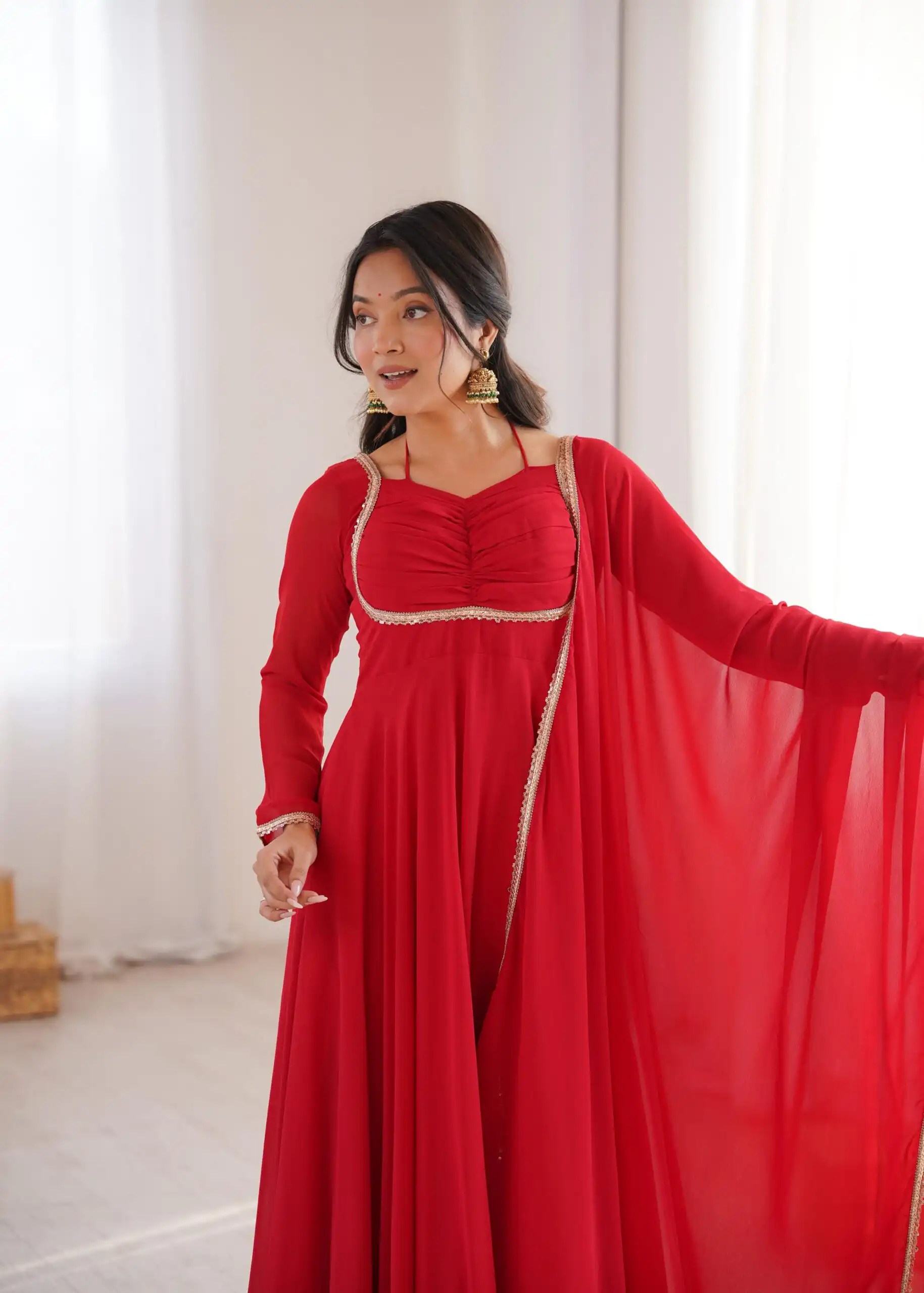 KB 291 Red Color Fox Blooming Georgette Gown with Lace Work. Affordable Price ₹1899. Delivery 4-6 Working Days. Shop now. | Gowns, Bollywood Gowns, Creative Gowns, Designer Gowns, Embroidered Gowns, Party Wear Gowns