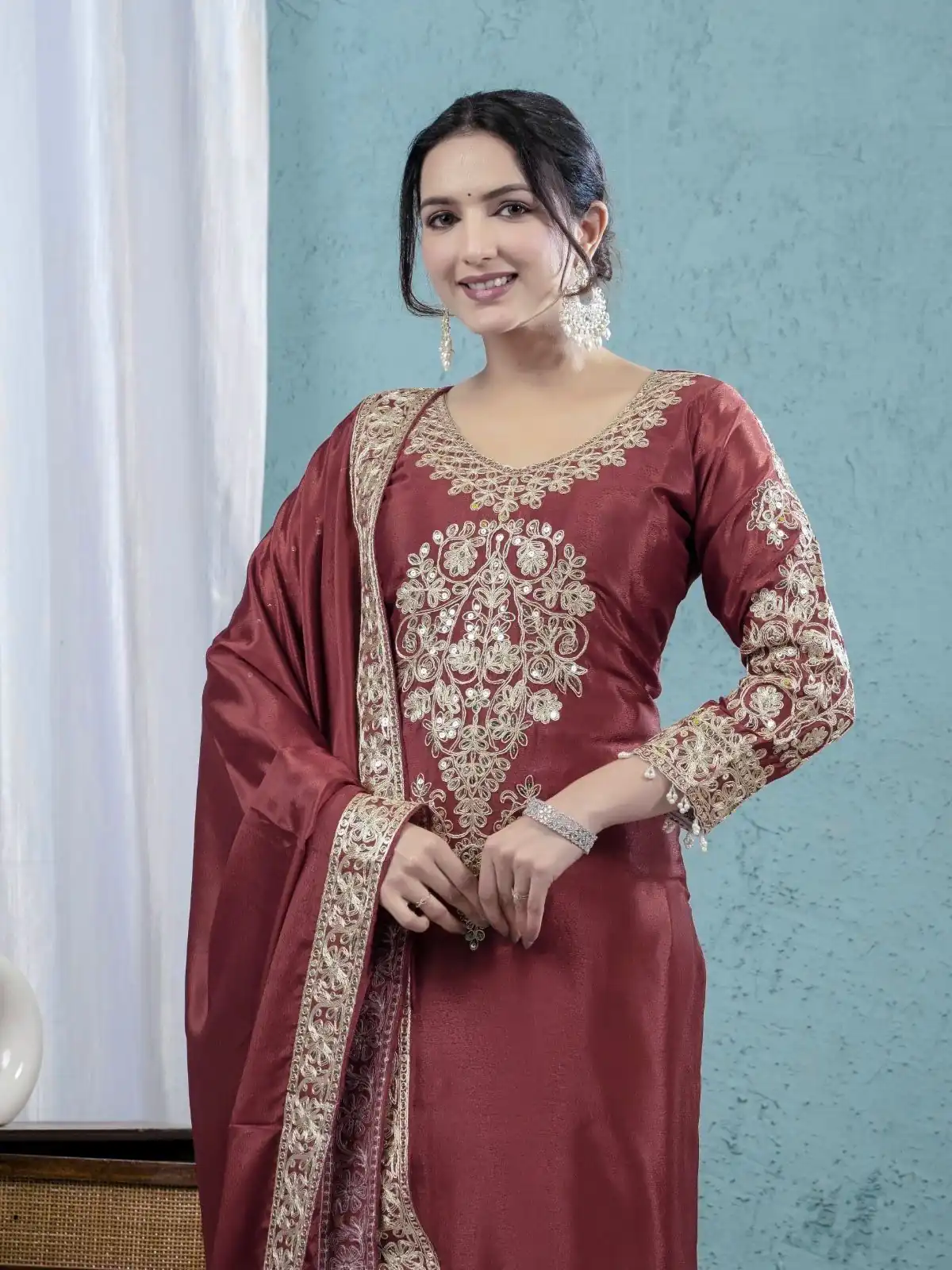 ND 5034 Rust Chinon Silk Salwar Suit with Lace Work & Embroidery Work. Best Price ₹2099. Delivery 4-6 Working Days. Shop now. | Jump Suits, Salwar suit, Casual Suits, Creative suits, Designer Suits, Palazzo Suits, Party Wear Suits, Patiala Suits, Straight Suits