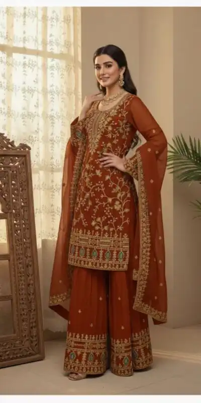 ₹2399 | BE 447 Rust Color Zimmy Choo Salwar Suit with Embroidery Work. Online Get it for ₹2399. Delivery 4-6 Working Days. Shop now. | Jump Suits, Salwar suit, Casual Suits, Creative suits, Designer Suits, Palazzo Suits, Party Wear Suits, Patiala Suits, Straight Suits