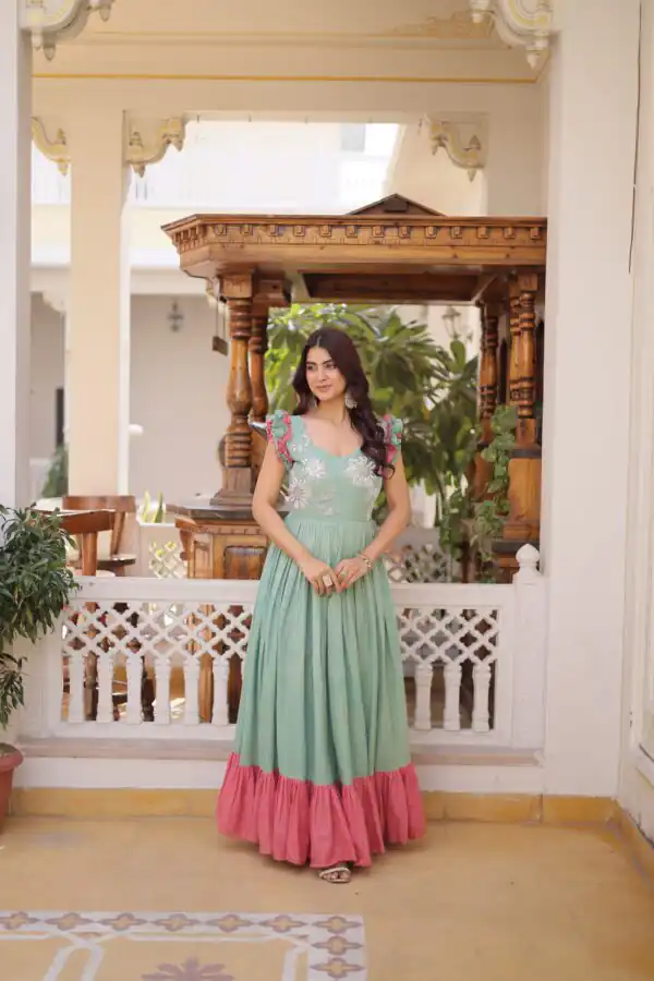 Sea Green Cotton Sequins Embroidery Work Gown Online