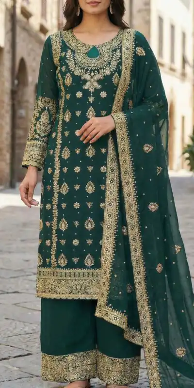 SRK 5231 Teal Color Pure Chinnon Silk With Embroidery Sequence Work Salwar Suit Casual, Wedding, Party, Festive, Events Etc.4-6 Working Days@ 2699/-only | Jump Suits, Salwar suit, Casual Suits, Creative suits, Designer Suits, Palazzo Suits, Party Wear Suits, Patiala Suits, Straight Suits