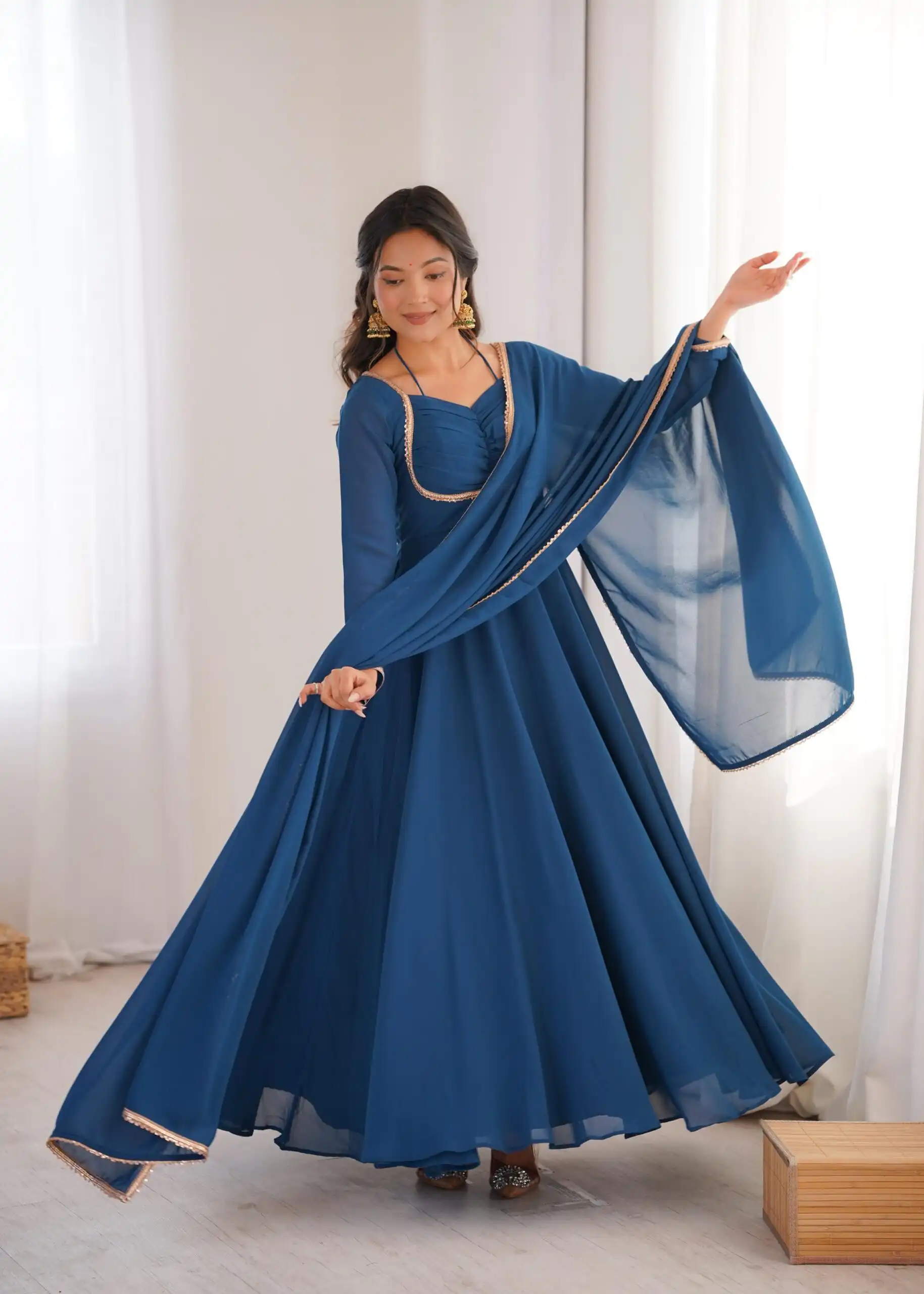 KB 291 Teal Color Fox Blooming Georgette Gown with Lace Work. Affordable Price ₹1899. Delivery 4-6 Working Days. Shop now. | Gowns, Bollywood Gowns, Creative Gowns, Designer Gowns, Embroidered Gowns, Party Wear Gowns