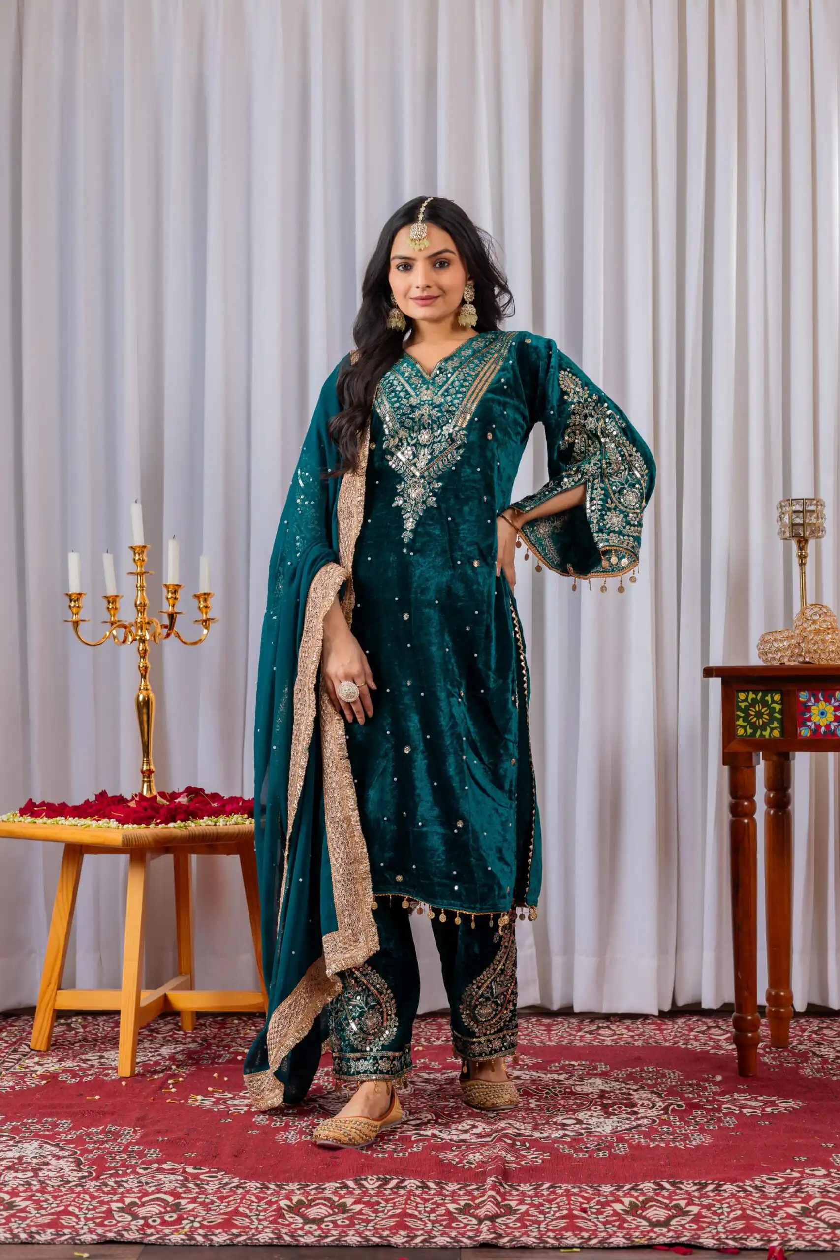AD 134 Teal Color Heavy Pure Viscose Velvet Embroidery Sharara Suit Wedding, Party, Festive, Events Etc. Expected Delivery 4-6 Working Days @2099/- | Jump Suits, Salwar suit, Casual Suits, Creative suits, Designer Suits, Palazzo Suits, Party Wear Suits, Patiala Suits, Straight Suits
