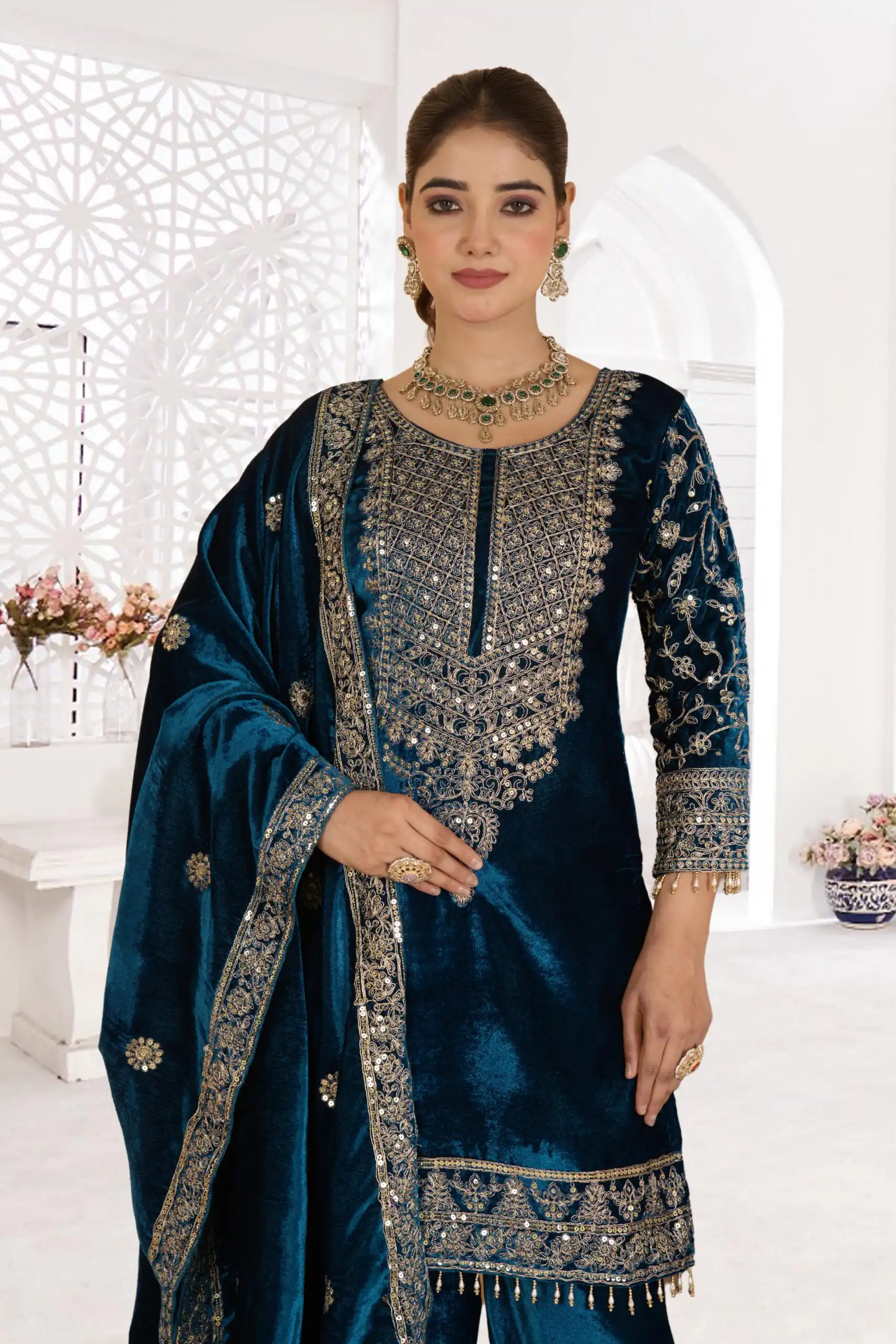 NF 1231 Teal Viscose Velvet Salwar Suit. Perfect for Wedding, Party, Traditional Day, Baisakhi, Eid – Available at ₹2399 only. Delivery 4-6 Workin | Jump Suits, Salwar suit, Casual Suits, Creative suits, Designer Suits, Palazzo Suits, Party Wear Suits, Patiala Suits, Straight Suits