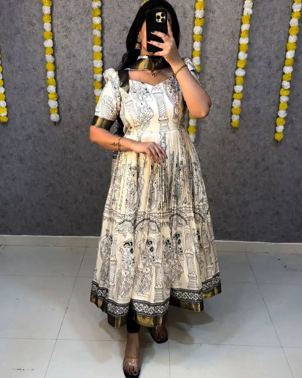 ₹1499 | MF 666 White Malai Satin Gown with Digital Print & Kalamkari Print. Now at just ₹1499. Delivery 4-6 Working Days. Shop now. | Gowns, Bollywood Gowns, Creative Gowns, Designer Gowns, Embroidered Gowns, Party Wear Gowns