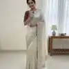 White Organza Silk Sequin Embroidery Work Saree