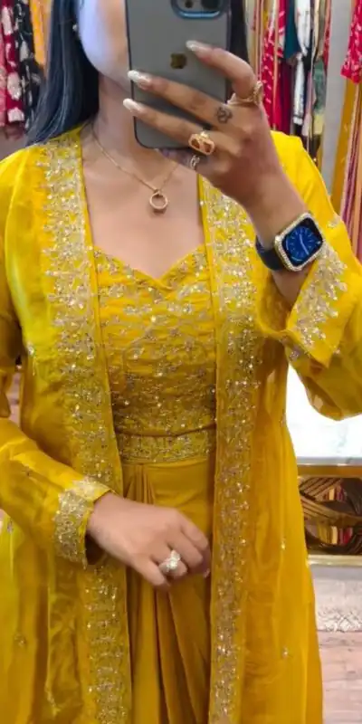 BB 56 Yellow Chinon Silk Dhoti Suit with Embroidery Work & Sequins Work. Grab it for ₹1899. Delivery 4-6 Working Days. Shop now. | Jump Suits, Salwar suit, Casual Suits, Creative suits, Designer Suits, Palazzo Suits, Party Wear Suits, Patiala Suits, Straight Suits