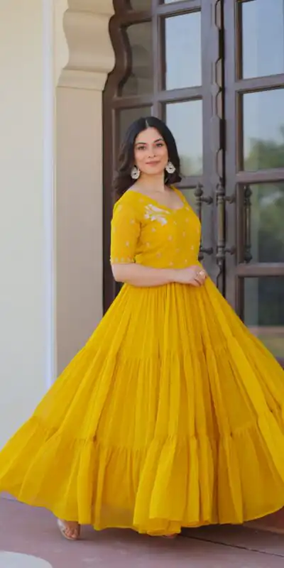 KA 1173 Yellow Faux Blooming Gown Perfect for Wedding, Party, Eid, Pooja, Baisakhi – . Now at just ₹1849. Delivery 4-6 Working Days. Shop now. | Gowns, Bollywood Gowns, Creative Gowns, Designer Gowns, Embroidered Gowns, Party Wear Gowns