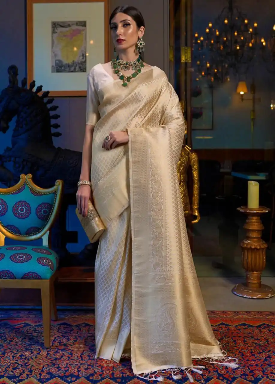 KPR 073 Off White Soft Lichi Silk Saree Perfect for Wedding, Party, Reception, Diwali, Ethnic Day – . Affordable Price ₹1299. Delivery 4-6 Working Days. | Sarees, Bollywood Sarees, Creative Sarees, Designer Sarees, Embroidered Sarees, Ethnic Saree, Modern Digital sarees, Party Wear Sarees