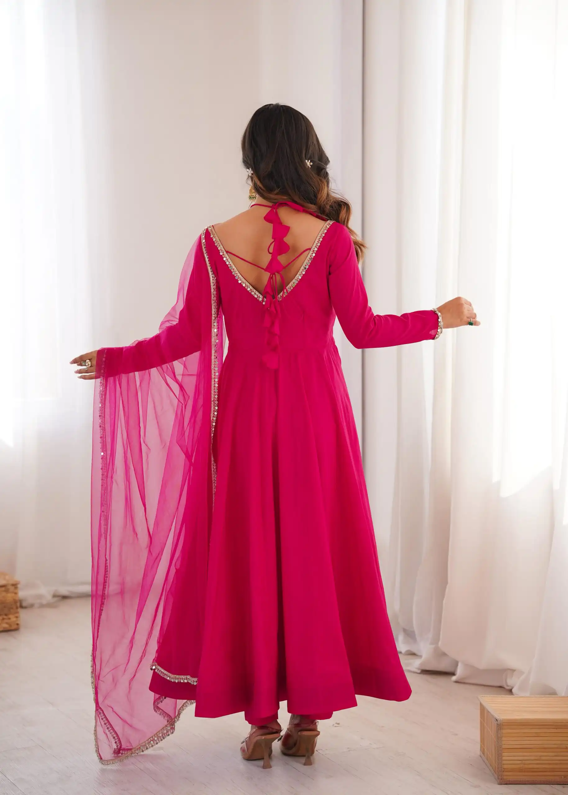 KB 293 Dark Pink Soft Nylon Net Anarkali Suit with Mirror Work & Lace Work. Get it for ₹1999. Delivery 4-6 Working Days. Shop now. | Anarkali Suits, Bollywood Anarkali, Creative-Anarkali, Designer Anarkali, Embroidered Anarkali, Party Wear Anarkali