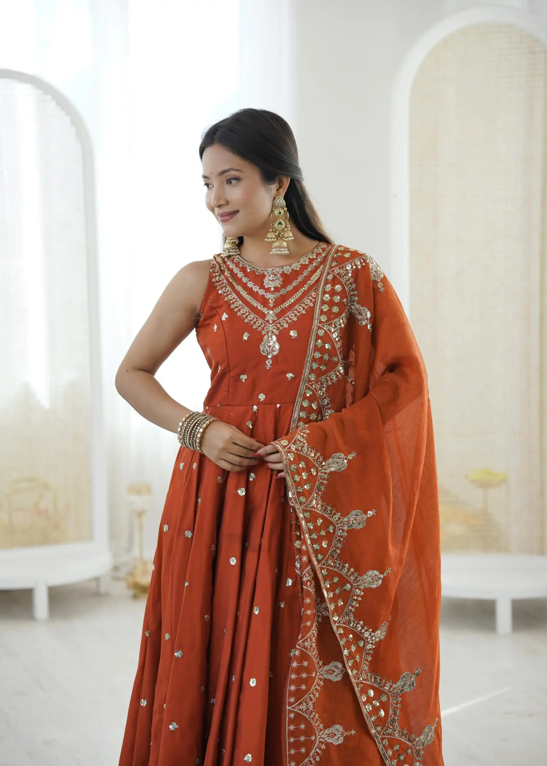JF 038 Rust Roman Silk Gown with Embroidery Work. Wedding, Party, Festive, Events, Navratri, Exclusive Offer ₹2149. Delivery 4-6 Working Days. Shop now. | Gowns, Bollywood Gowns, Creative Gowns, Designer Gowns, Embroidered Gowns, Party Wear Gowns