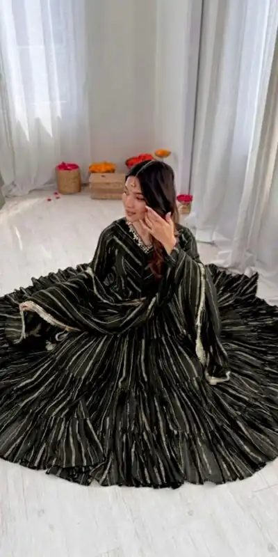 SRK 5305 Black Color Mal Chanderi Gown with Mirror Work & Lace Work. Grab it for ₹2399. Delivery 4-6 Working Days. Shop now. | Gowns, Bollywood Gowns, Creative Gowns, Designer Gowns, Embroidered Gowns, Party Wear Gowns