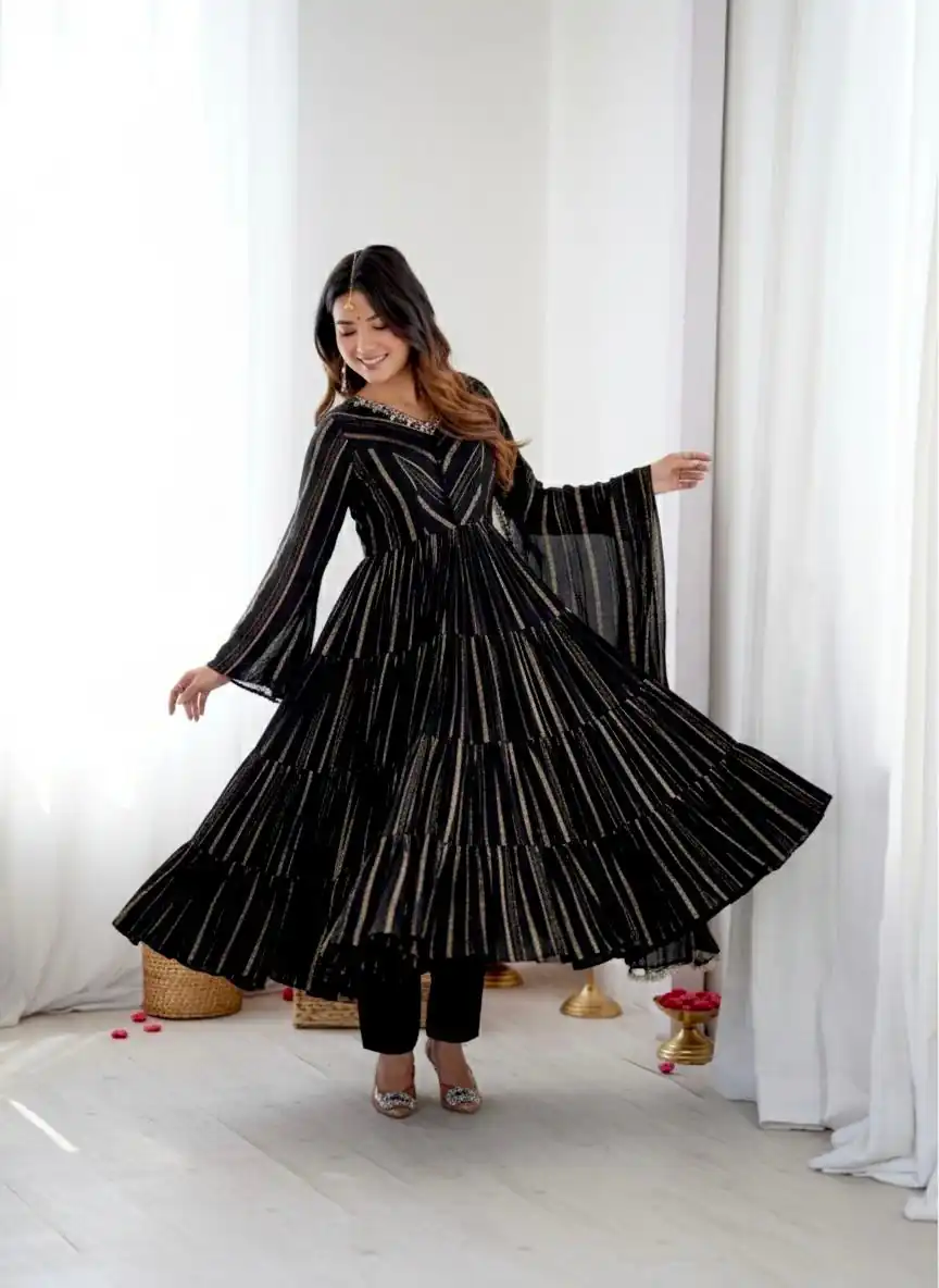 SRK 5305 Black Color Mal Chanderi Gown with Mirror Work & Lace Work. Grab it for ₹2399. Delivery 4-6 Working Days. Shop now. | Gowns, Bollywood Gowns, Creative Gowns, Designer Gowns, Embroidered Gowns, Party Wear Gowns