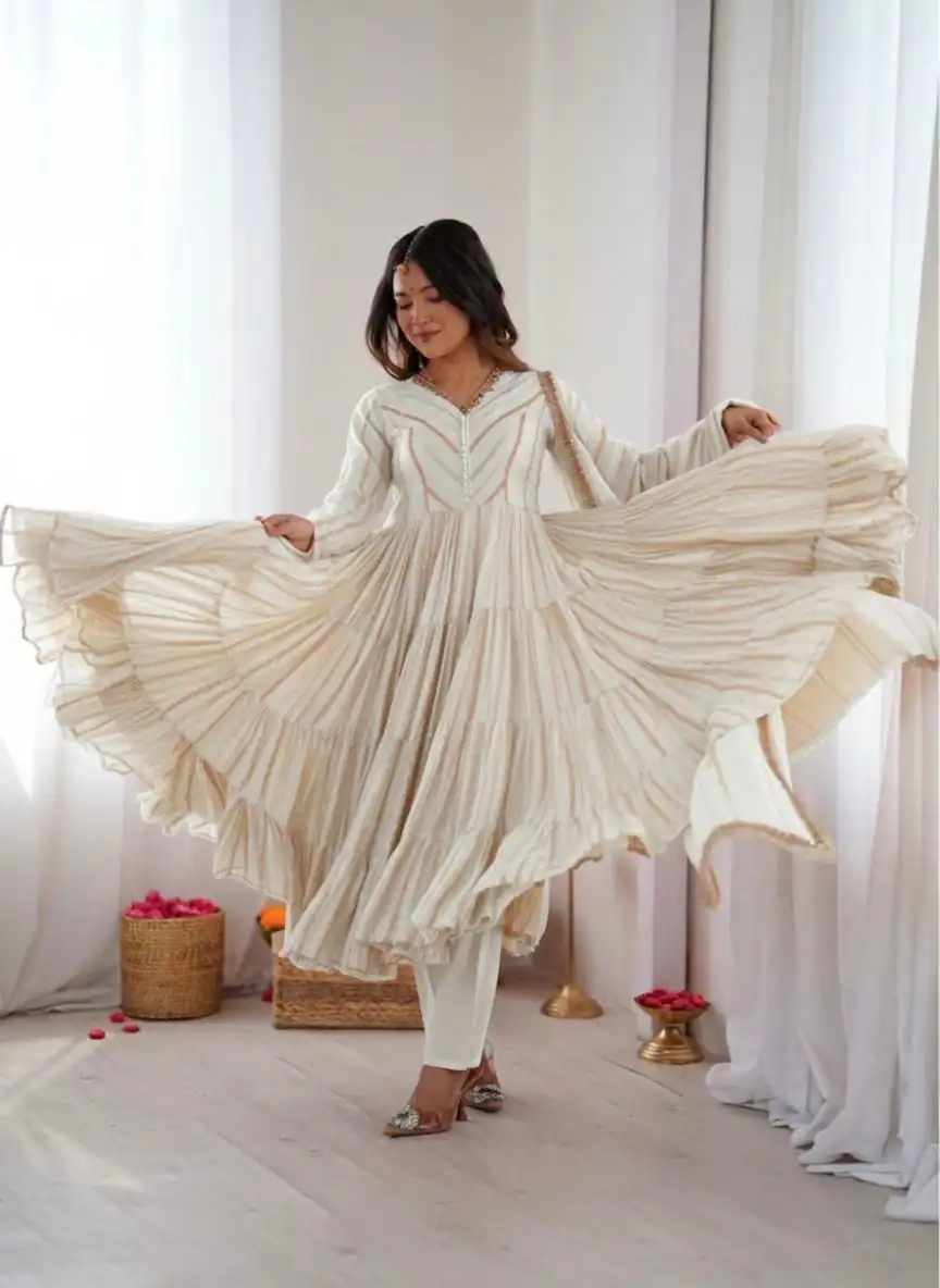 SRK 5305 White Color Mal Chanderi Gown with Mirror Work & Lace Work. Grab it for ₹2399. Delivery 4-6 Working Days. Shop now. | Gowns, Bollywood Gowns, Creative Gowns, Designer Gowns, Embroidered Gowns, Party Wear Gowns