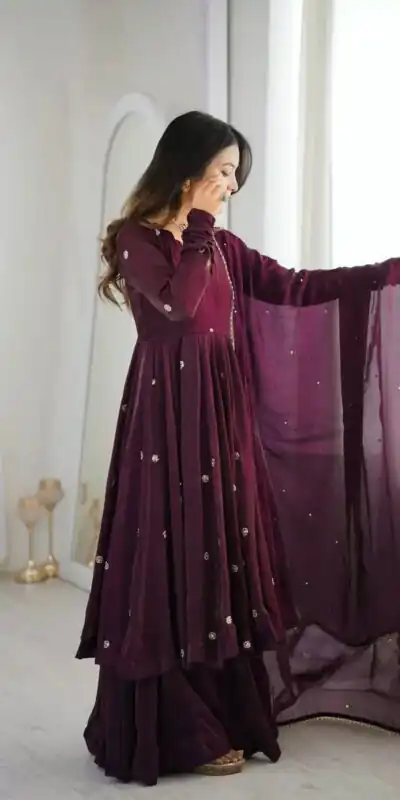 ZF 5019 Wine Crunchy Silk Gown with Embroidery Work. Wedding, Party, Festive, Events Best Price ₹2149. Delivery 4-6 Working Days. Shop now. | Gowns, Bollywood Gowns, Creative Gowns, Designer Gowns, Embroidered Gowns, Party Wear Gowns