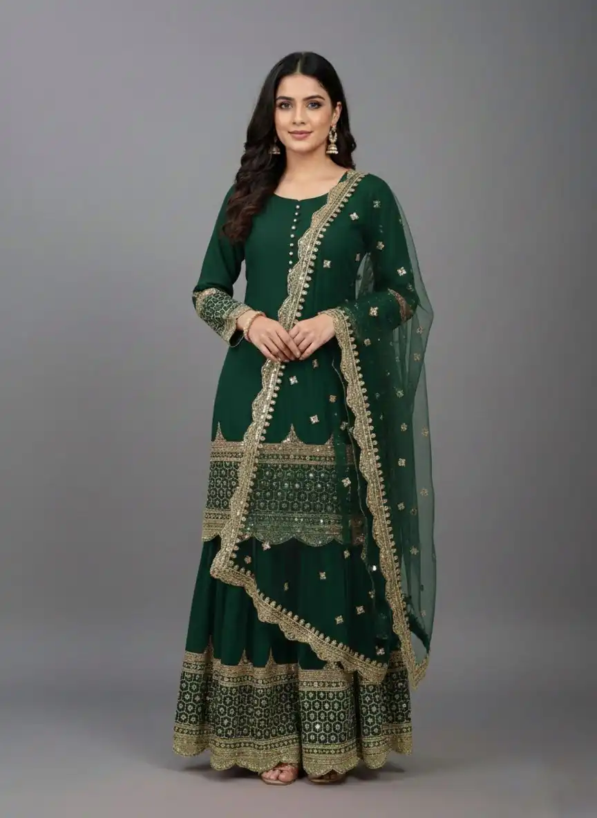 ₹2099 | ZF 250 Green Color Faux Georgette Embroidery Sequence Work Sharara Suit Wedding, Party, Festive, Events Etc. Expected Delivery 4-6 Working Days @2099/- | Jump Suits, Salwar suit, Casual Suits, Creative suits, Designer Suits, Palazzo Suits, Party Wear Suits, Patiala Suits, Straight Suits