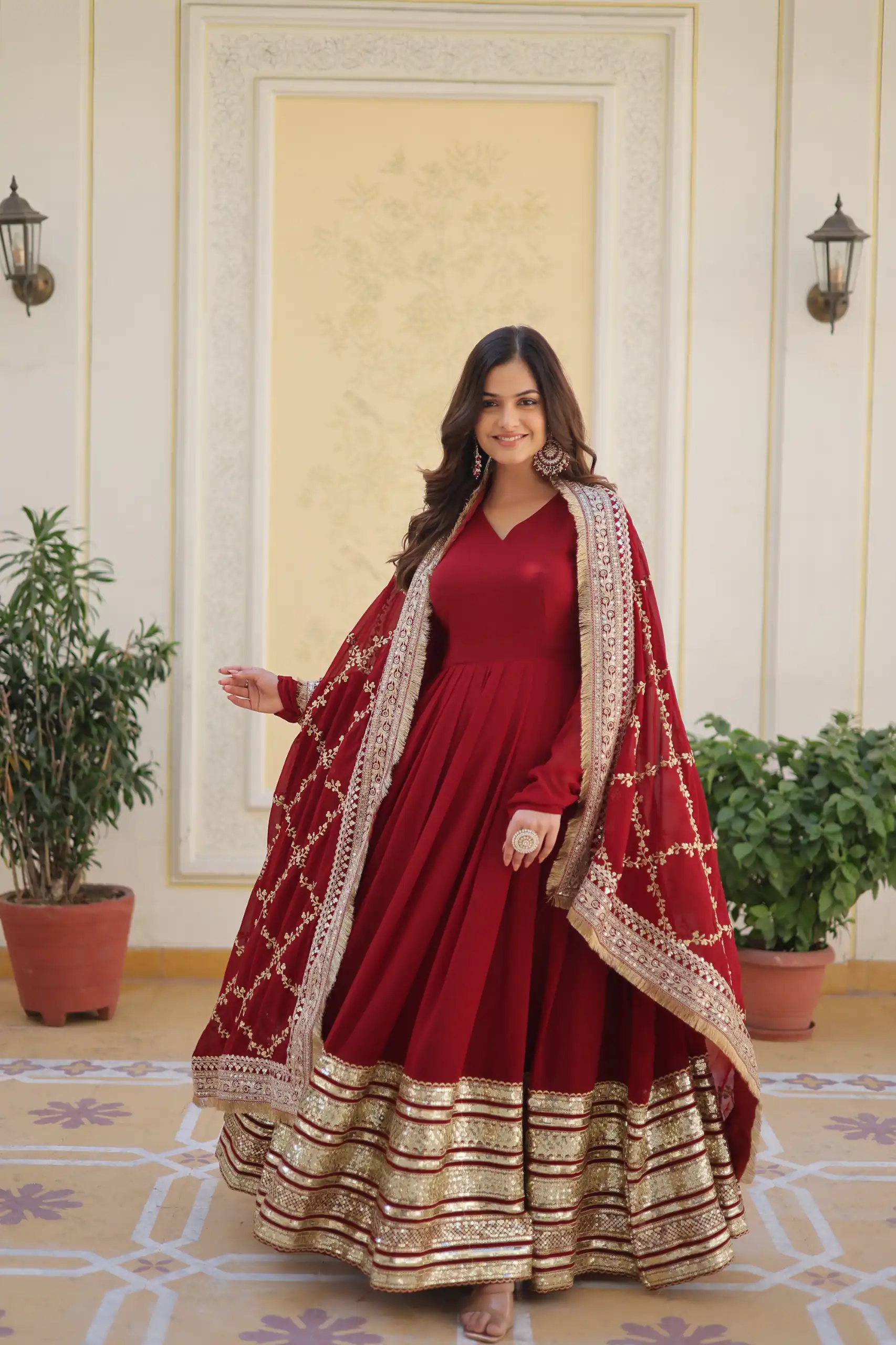 ₹3149 | KA 1082 Maroon Faux Blooming Gown with Embroidery Work & Zari Work. Available at ₹3149 only. Delivery 4-6 Working Days. Shop now. | Gowns, Bollywood Gowns, Creative Gowns, Designer Gowns, Embroidered Gowns, Party Wear Gowns