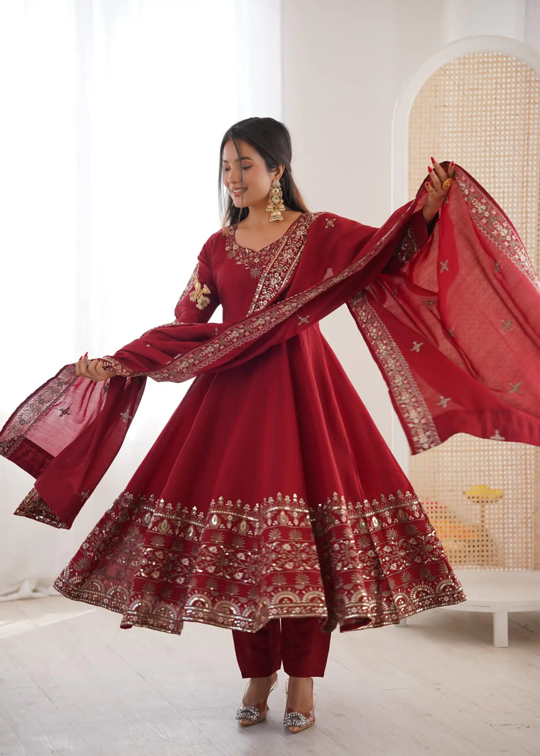 ZF 5016 Maroon Roman Silk Gown with Embroidery Work. Wedding, Party, Festive, Events, Navratri, Exclusive Offer ₹2499. Delivery 4-6 Working Days. Shop now. | Gowns, Bollywood Gowns, Creative Gowns, Designer Gowns, Embroidered Gowns, Party Wear Gowns