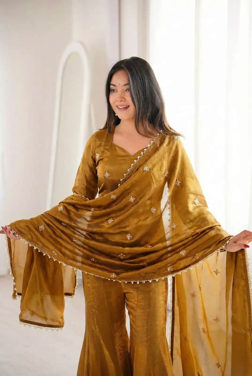 ZSR 3159 Mustered Fendy Silk Salwar Suitwith Embroidery Work & Lace Work. Now at just ₹2049. Delivery 4-6 Working Days. Shop now. | Jump Suits, Salwar suit, Casual Suits, Creative suits, Designer Suits, Palazzo Suits, Party Wear Suits, Patiala Suits, Straight Suits