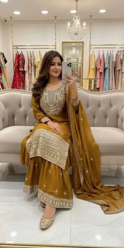 ₹2399 | WW 1249 Mustered Fendy Silk Salwar Suit with Mirror Work & Embroidery Work. Best Price ₹2399. Delivery 4-6 Working Days. Shop now. | Jump Suits, Salwar suit, Casual Suits, Creative suits, Designer Suits, Palazzo Suits, Party Wear Suits, Patiala Suits, Straight Suits