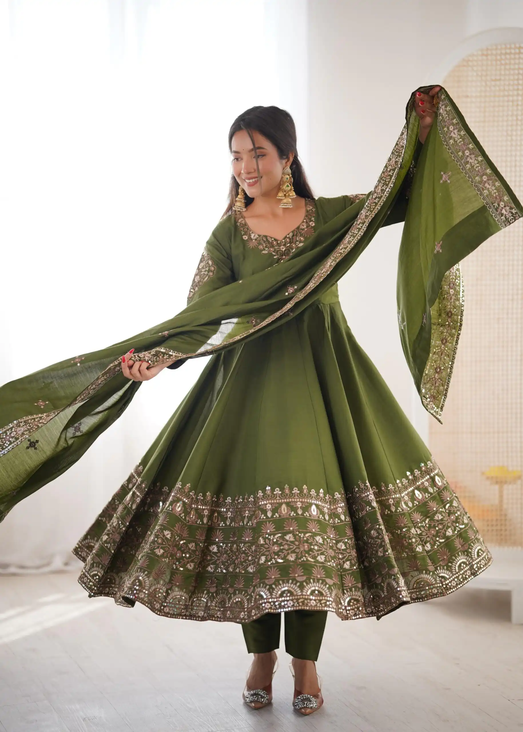ZF 5016 Mehendi Roman Silk Gown with Embroidery Work. Wedding, Party, Festive, Events, Navratri, Exclusive Offer ₹2499. Delivery 4-6 Working Days. Shop now. | Gowns, Bollywood Gowns, Creative Gowns, Designer Gowns, Embroidered Gowns, Party Wear Gowns