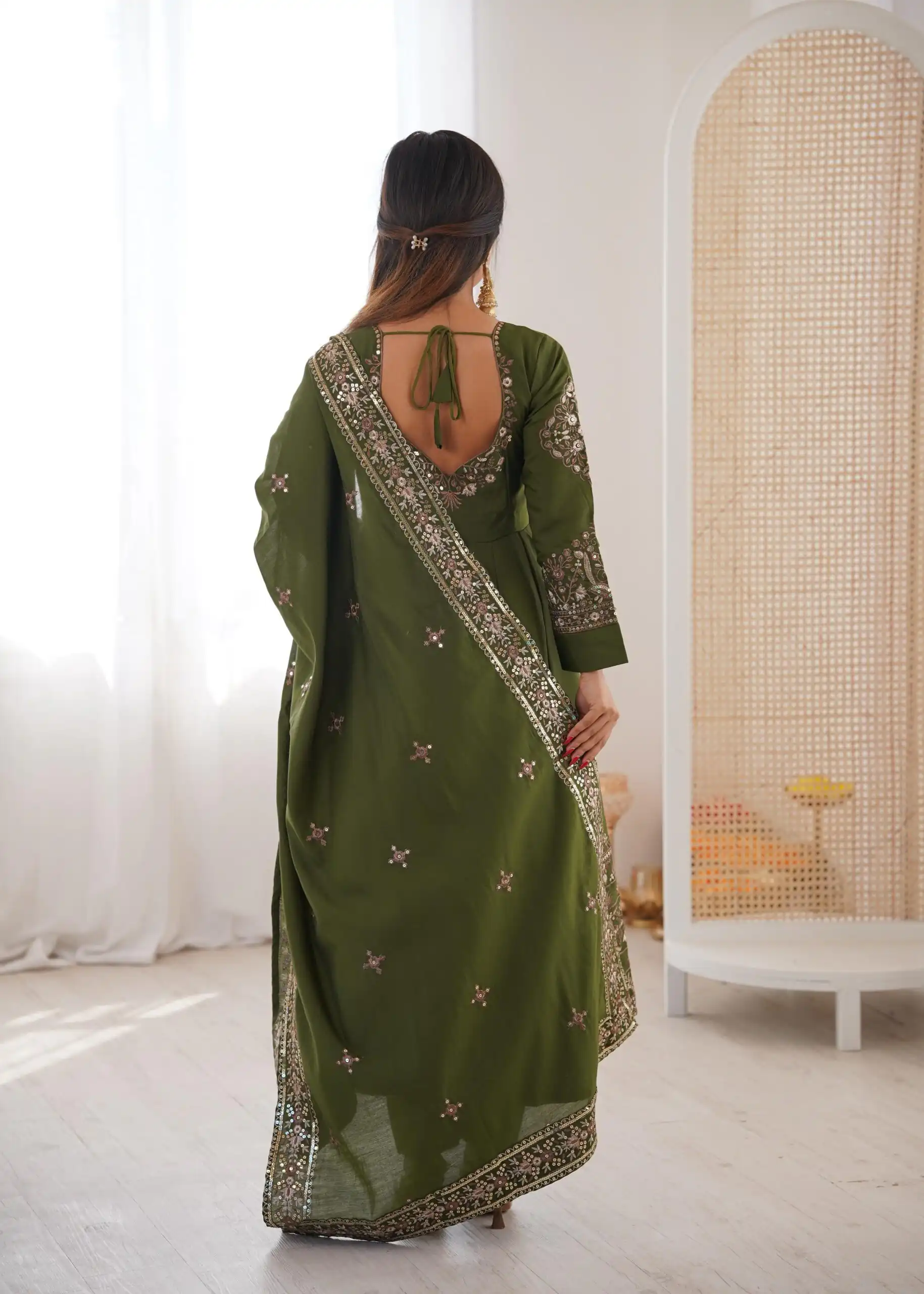 ZF 5016 Mehendi Roman Silk Gown with Embroidery Work. Wedding, Party, Festive, Events, Navratri, Exclusive Offer ₹2499. Delivery 4-6 Working Days. Shop now. | Gowns, Bollywood Gowns, Creative Gowns, Designer Gowns, Embroidered Gowns, Party Wear Gowns