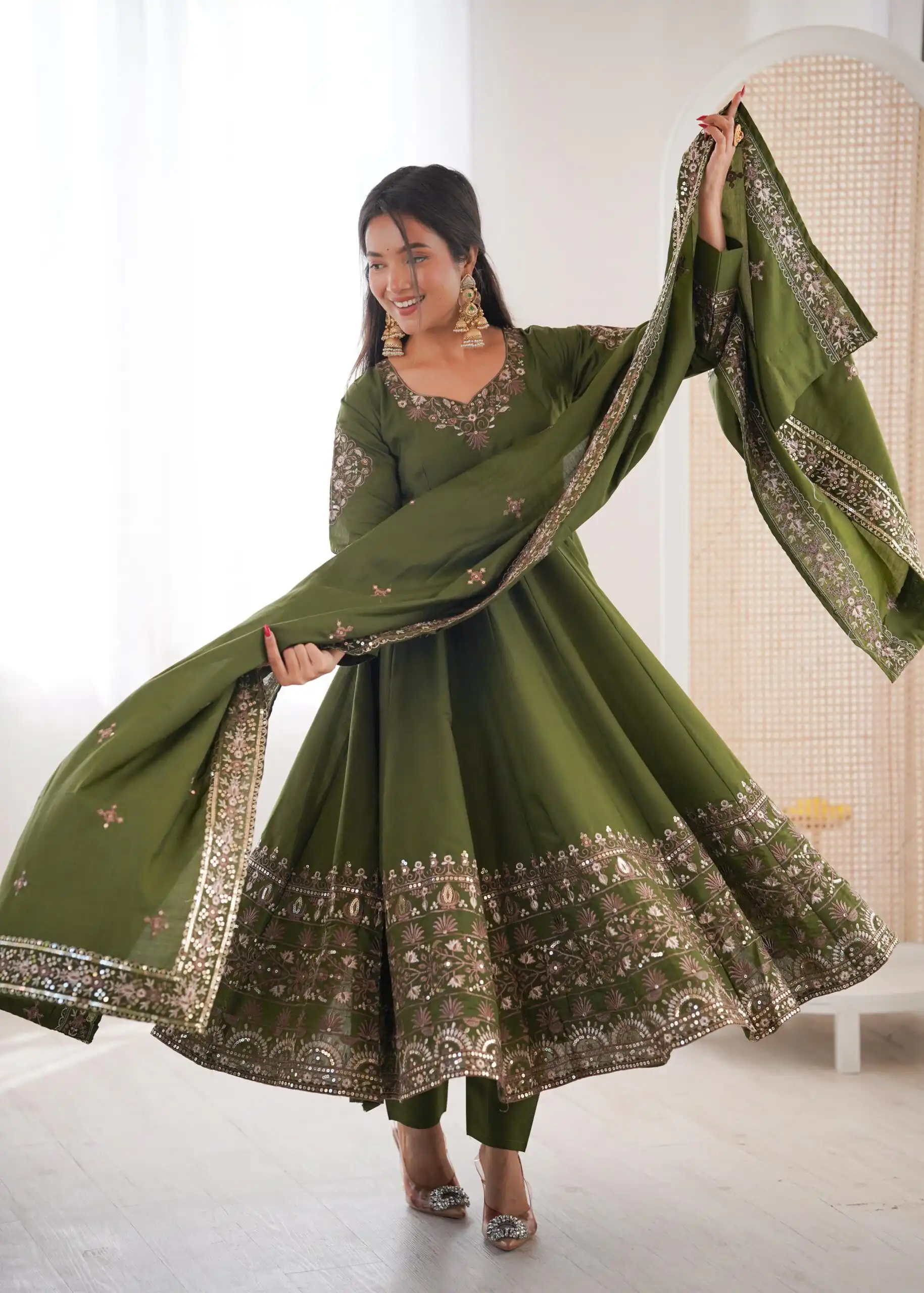 ZF 5016 Mehendi Roman Silk Gown with Embroidery Work. Wedding, Party, Festive, Events, Navratri, Exclusive Offer ₹2499. Delivery 4-6 Working Days. Shop now. | Gowns, Bollywood Gowns, Creative Gowns, Designer Gowns, Embroidered Gowns, Party Wear Gowns