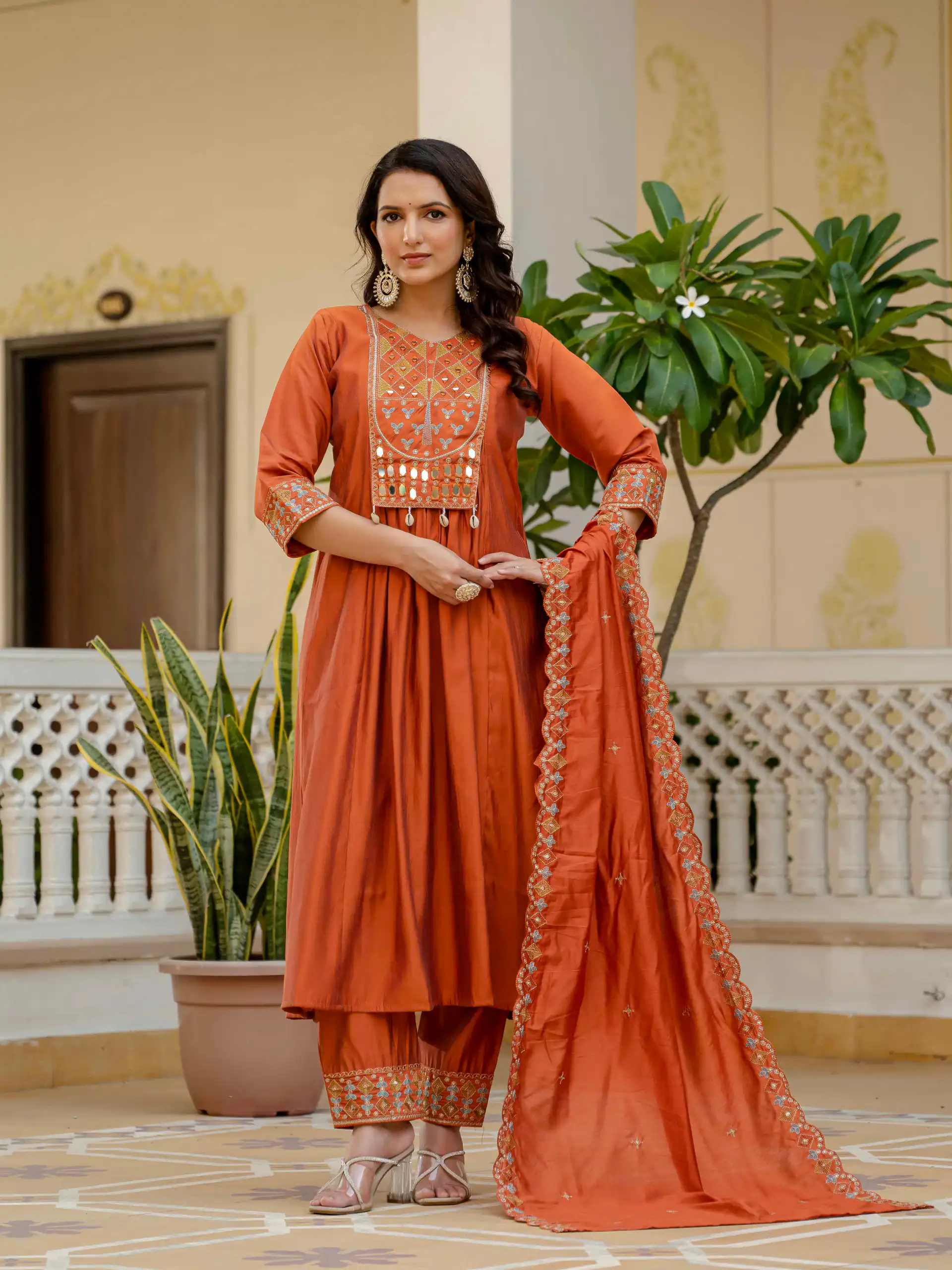 ₹2049 | DIVA 126 Orange Viscose Roman Silk Anarkali Suit with Mirror Work & Embroidery Work. Affordable Price ₹2049. Delivery 4-6 Working Days. Shop now. | Anarkali Suits, Bollywood Anarkali, Creative-Anarkali, Designer Anarkali, Embroidered Anarkali, Party Wear Anarkali