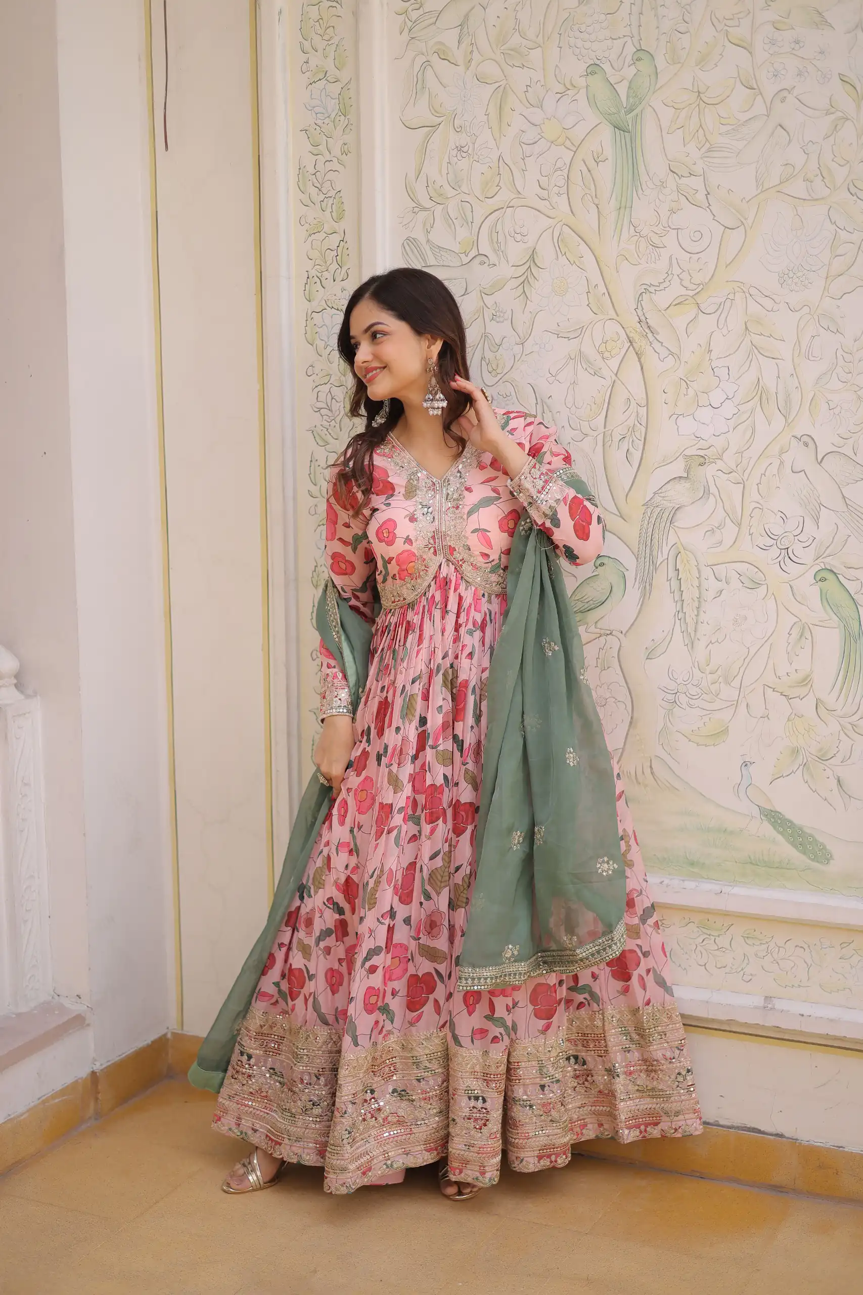 KA 1225 Peach Peach Russian Silk Gown with Embroidery Work & Zari Work. Special Price ₹2599. Delivery 4-6 Working Days. Shop now. | Gowns, Bollywood Gowns, Creative Gowns, Designer Gowns, Embroidered Gowns, Party Wear Gowns