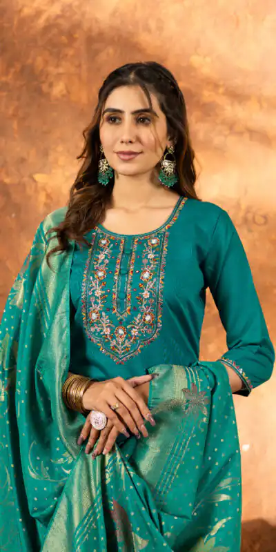 ₹2049 | DIVA 103 Firozi Marina Silk Salwar Suit with Embroidery Work. Introductory Price ₹2049. Delivery 4-6 Working Days. Shop now. | Jump Suits, Salwar suit, Casual Suits, Creative suits, Designer Suits, Palazzo Suits, Party Wear Suits, Patiala Suits, Straight Suits