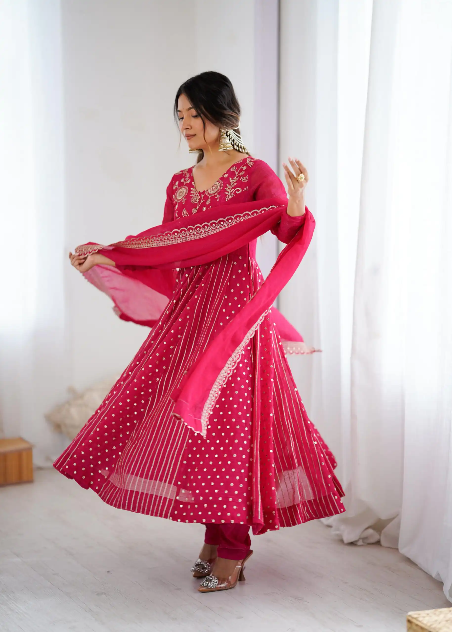 SRK 5293 Pink With Crunchy Silk With Fully Flair with Lace Work & Embroidery Work Anarkali Gown . Introductory Price ₹2149. Delivery 4-6 Worki | Gowns, Bollywood Gowns, Creative Gowns, Designer Gowns, Embroidered Gowns, Party Wear Gowns