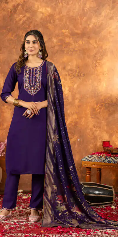 ₹2049 | DIVA 103 Purple Marina Silk Salwar Suit with Embroidery Work. Introductory Price ₹2049. Delivery 4-6 Working Days. Shop now. | Jump Suits, Salwar suit, Casual Suits, Creative suits, Designer Suits, Palazzo Suits, Party Wear Suits, Patiala Suits, Straight Suits