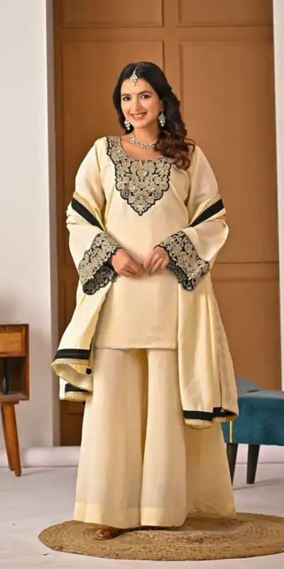 MD 3079 Cream Color Roman Silk Salwar Suit with Embroidery Work. Available at ₹2499 only. Delivery 4-6 Working Days. Shop now. | Jump Suits, Salwar suit, Casual Suits, Creative suits, Designer Suits, Palazzo Suits, Party Wear Suits, Patiala Suits, Straight Suits