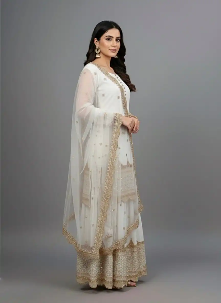 ZF 250 White Color Faux Georgette Embroidery Sequence Work Sharara Suit Wedding, Party, Festive, Events Etc. Expected Delivery 4-6 Working Days @2099/- | Jump Suits, Salwar suit, Casual Suits, Creative suits, Designer Suits, Palazzo Suits, Party Wear Suits, Patiala Suits, Straight Suits