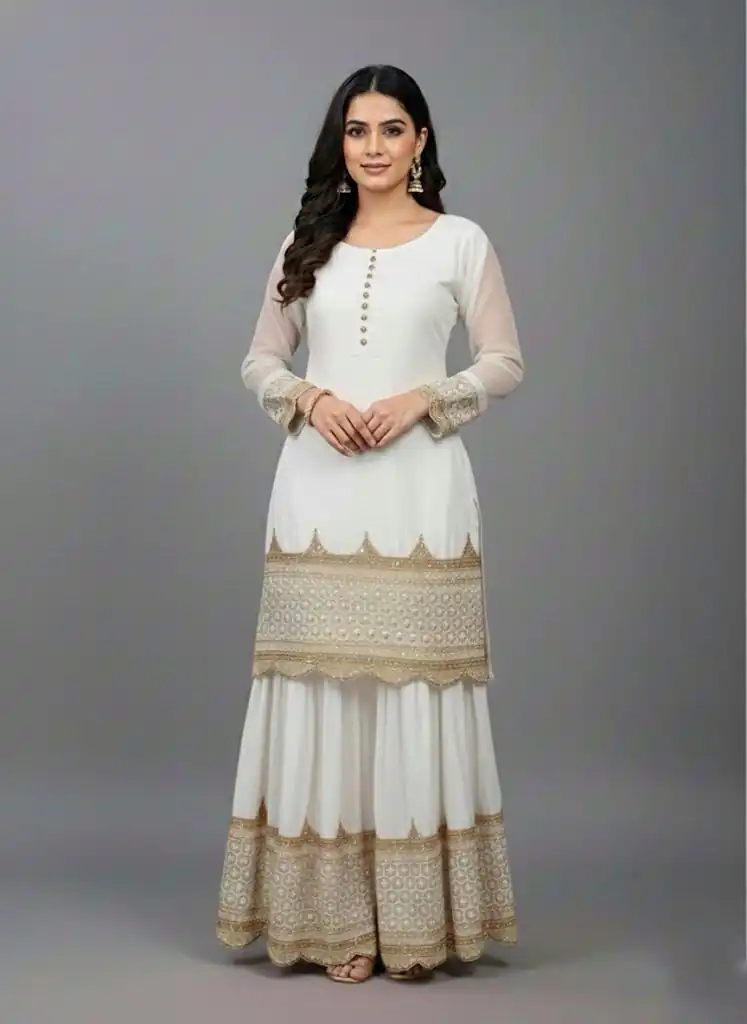ZF 250 White Color Faux Georgette Embroidery Sequence Work Sharara Suit Wedding, Party, Festive, Events Etc. Expected Delivery 4-6 Working Days @2099/- | Jump Suits, Salwar suit, Casual Suits, Creative suits, Designer Suits, Palazzo Suits, Party Wear Suits, Patiala Suits, Straight Suits