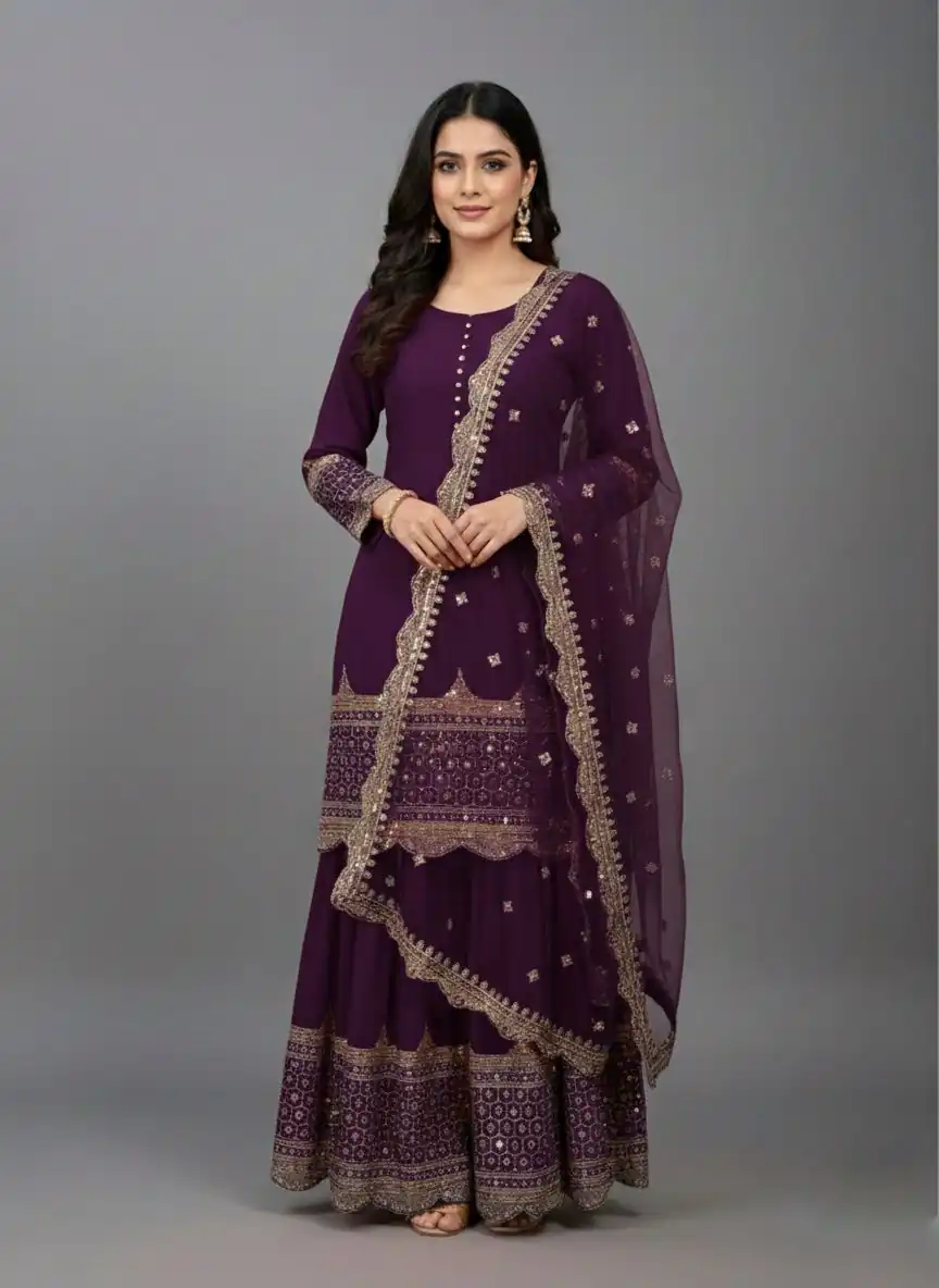 ₹2099 | ZF 250 Wine Color Faux Georgette Embroidery Sequence Work Sharara Suit Wedding, Party, Festive, Events Etc. Expected Delivery 4-6 Working Days @2099/- | Jump Suits, Salwar suit, Casual Suits, Creative suits, Designer Suits, Palazzo Suits, Party Wear Suits, Patiala Suits, Straight Suits