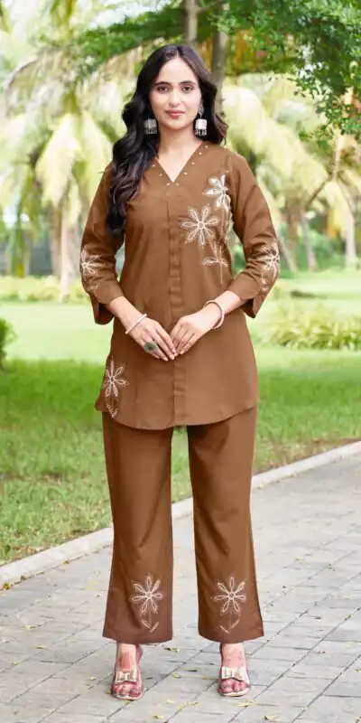 Aglow Brown Rayon Embroidery Work Kurti
