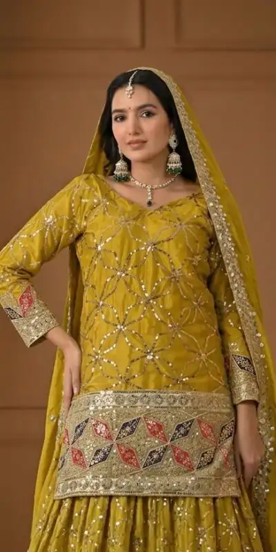 Aglow Mustered Chinon Silk Embroidery Work Salwar Suit