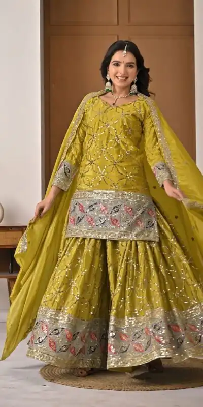 Aglow Mustered Chinon Silk Embroidery Work Salwar Suit
