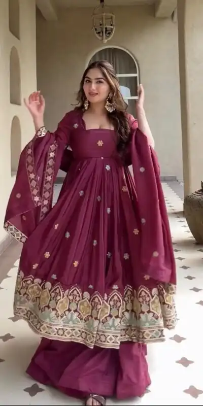 Aglow Red Natural Crep Embroidery Work Anarkali Suit