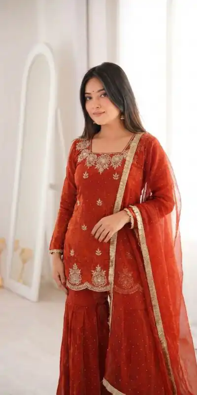 Aglow Rust Fendy Silk Embroidery Work Salwar Suit