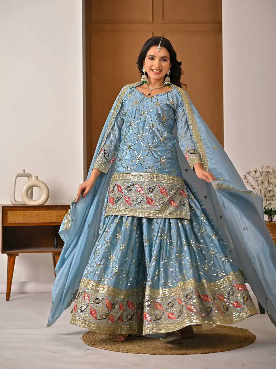 Aglow Sky Blue Chinon Silk Embroidery Work Salwar Suit