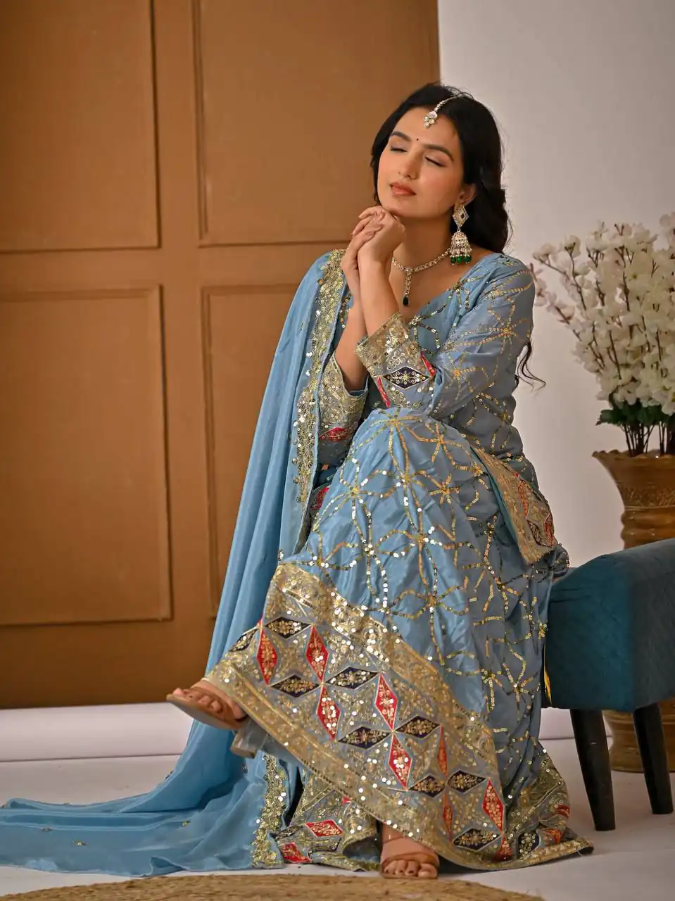 Aglow Sky Blue Chinon Silk Embroidery Work Salwar Suit