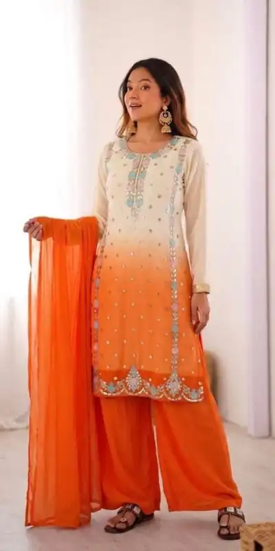 Amazing Orange Faux Georgette Embroider Work Salwar Suit