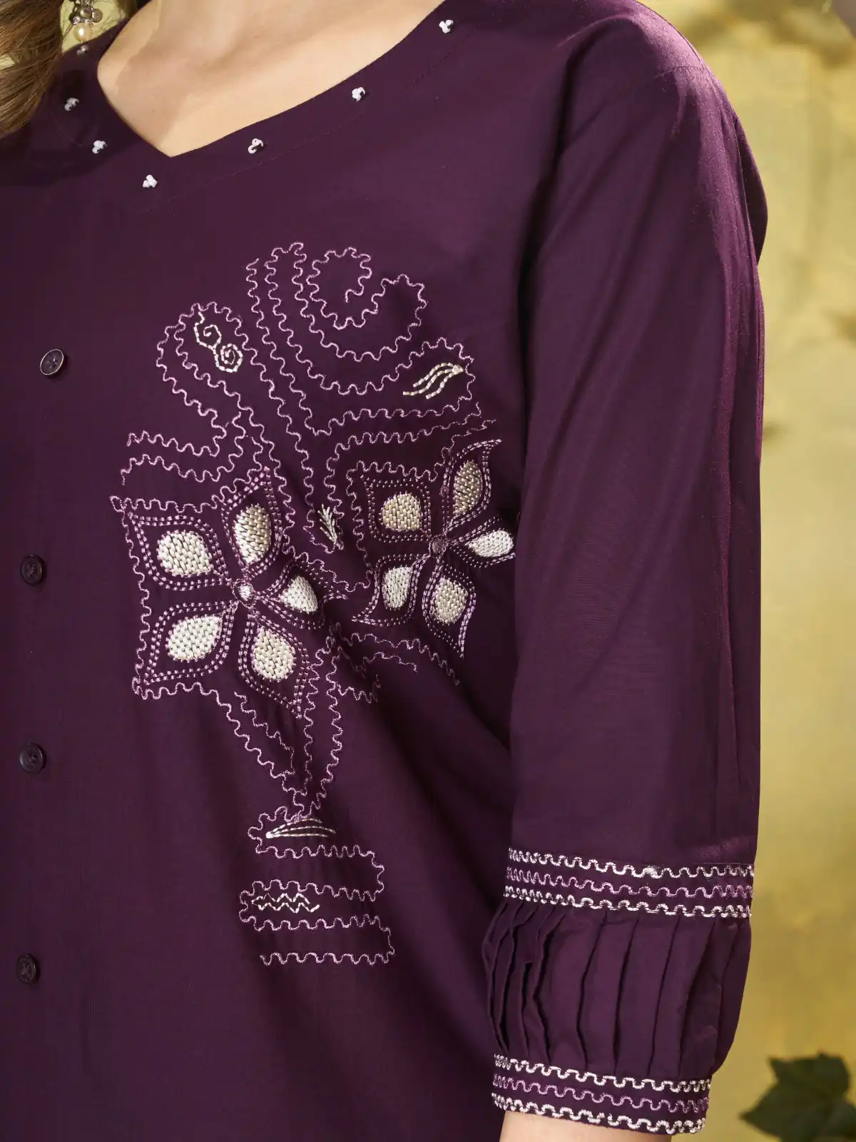 Beautiful Wine Pure Cotton Multi Thread Work Kurti