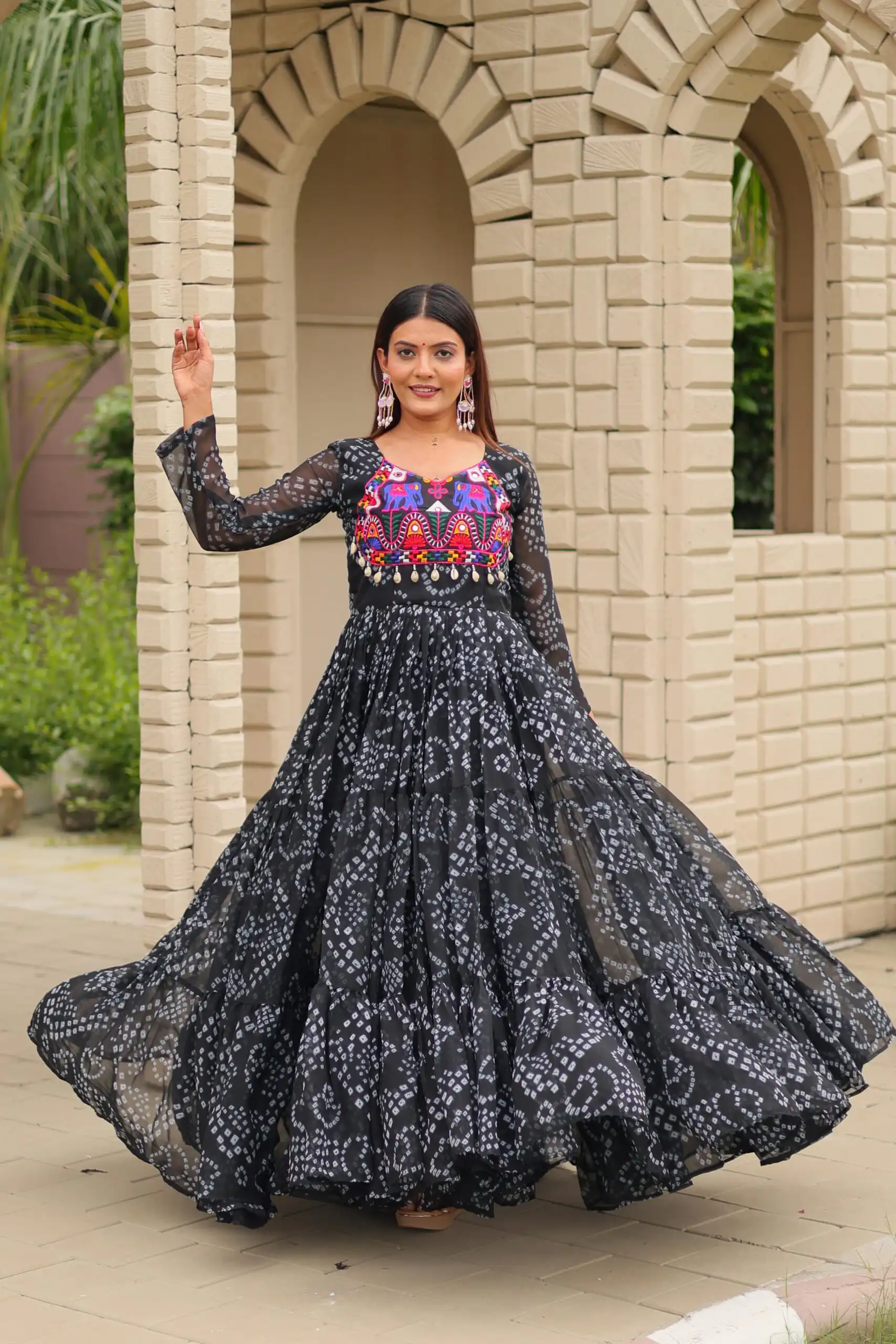 Classic Black Faux Georgette Embroidery Work Gown
