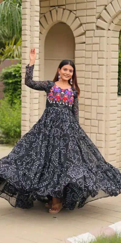 Classic Black Faux Georgette Embroidery Work Gown