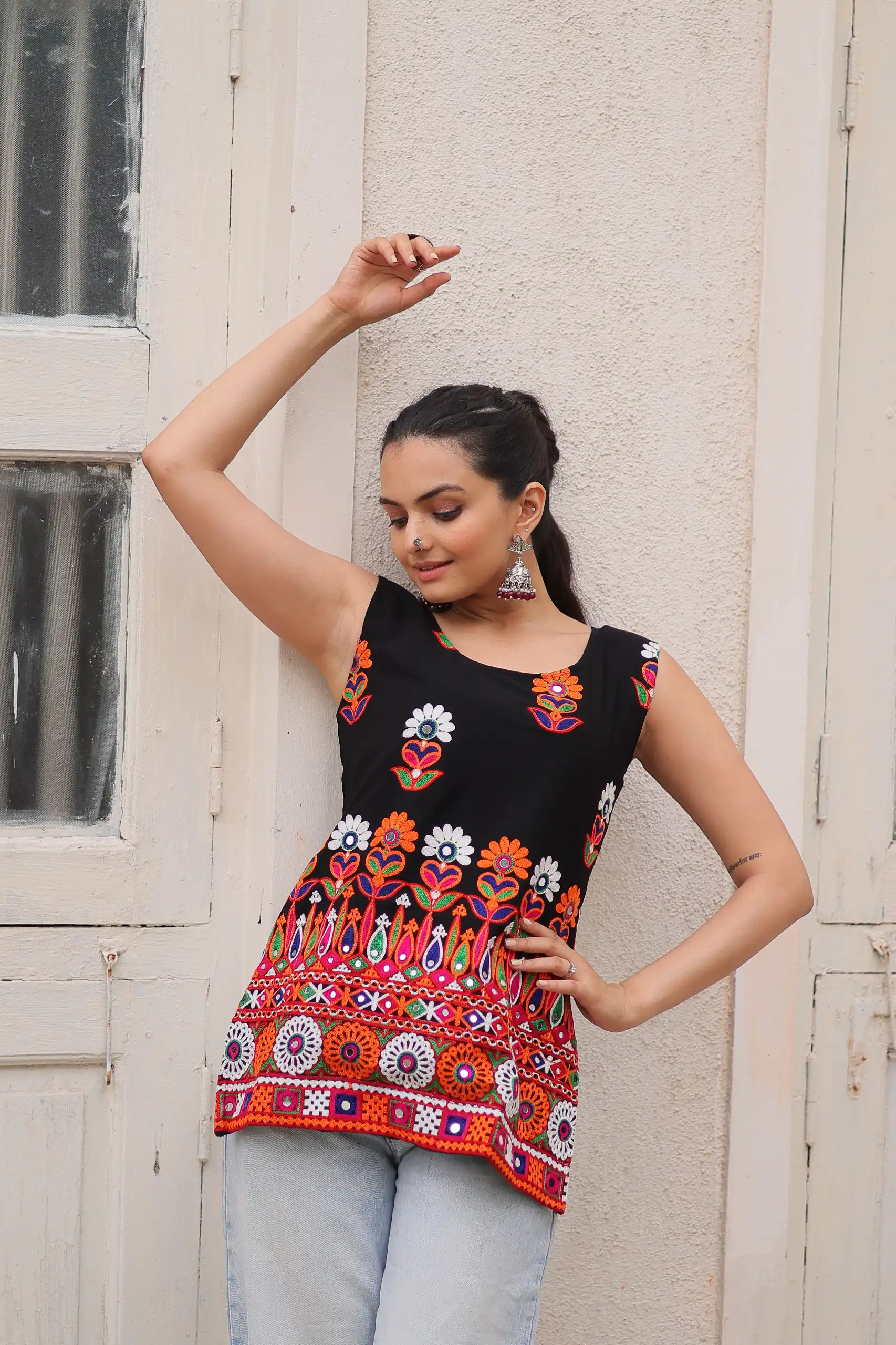 Classic Black Georgette Gamthi Work Kurti